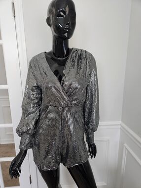 Metallic Black & Silver Sequin Wrap Top